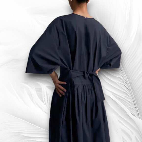 Navy Blue Oversized Maxi Dress Loose Fit with Waist Tie and Pockets - Picture 3 of 4